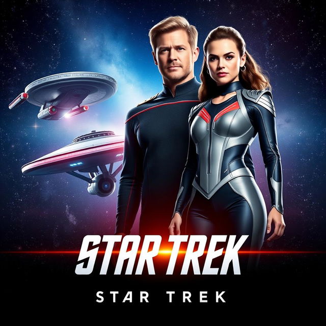 An exciting teaser poster for 'STAR TREK 4' (2024) featuring Chris Hemsworth and Gal Gadot in heroic poses