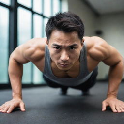 A slim Asian man energetically doing push-ups with focus and determination