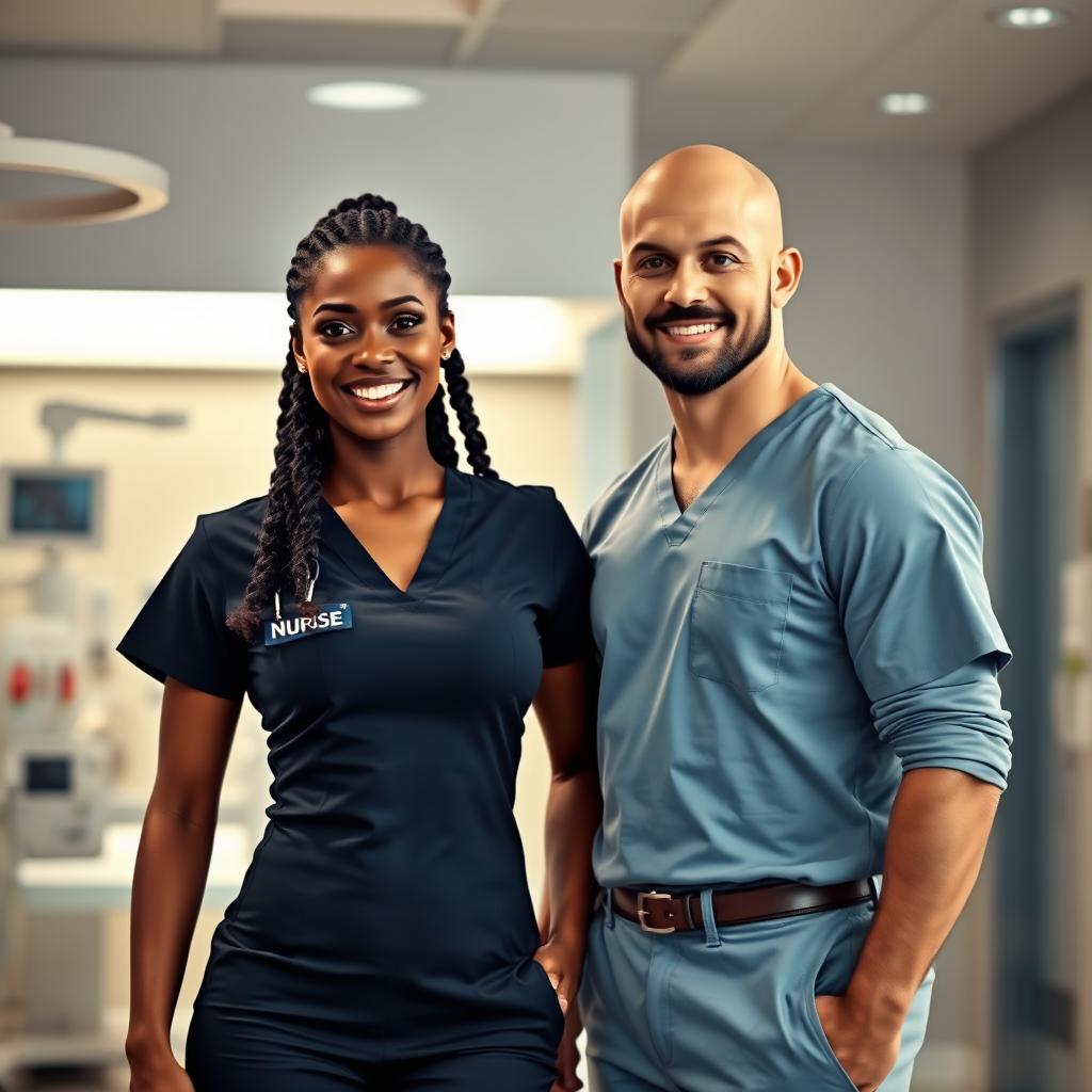 A sexy ebony nurse with a confident smile, wearing a form-fitting nurse uniform that accentuates her curves