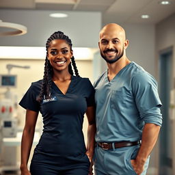 A sexy ebony nurse with a confident smile, wearing a form-fitting nurse uniform that accentuates her curves