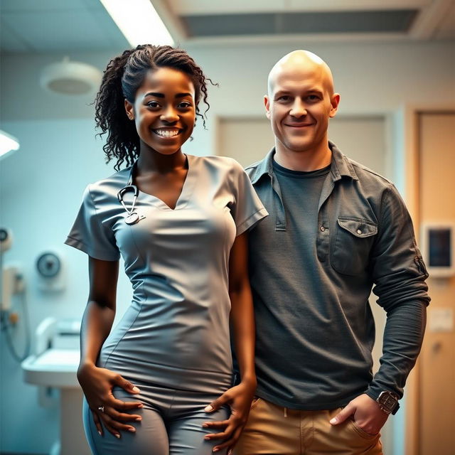 A sexy ebony nurse with a confident smile, wearing a form-fitting nurse uniform that accentuates her curves