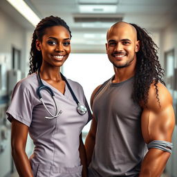 A sexy ebony nurse with a confident smile, wearing a form-fitting nurse uniform that accentuates her curves
