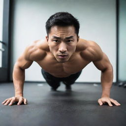 A slim Asian man energetically doing push-ups with focus and determination