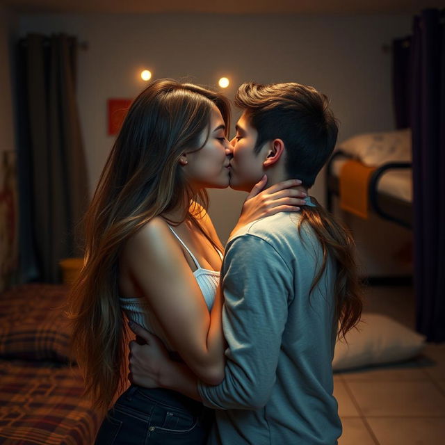 A sensual scene in a college hostel room featuring an attractive young woman with long, flowing hair, showcasing her beauty as she shares an intimate, passionate kiss with her male classmate