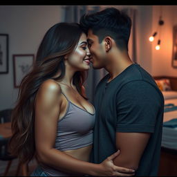 A sensual scene in a college hostel room featuring an attractive young woman with long, flowing hair, showcasing her beauty as she shares an intimate, passionate kiss with her male classmate