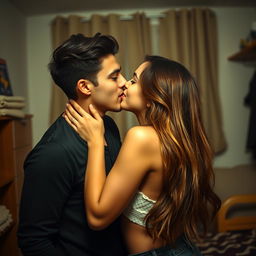 A sensual scene in a college hostel room featuring an attractive young woman with long, flowing hair, showcasing her beauty as she shares an intimate, passionate kiss with her male classmate