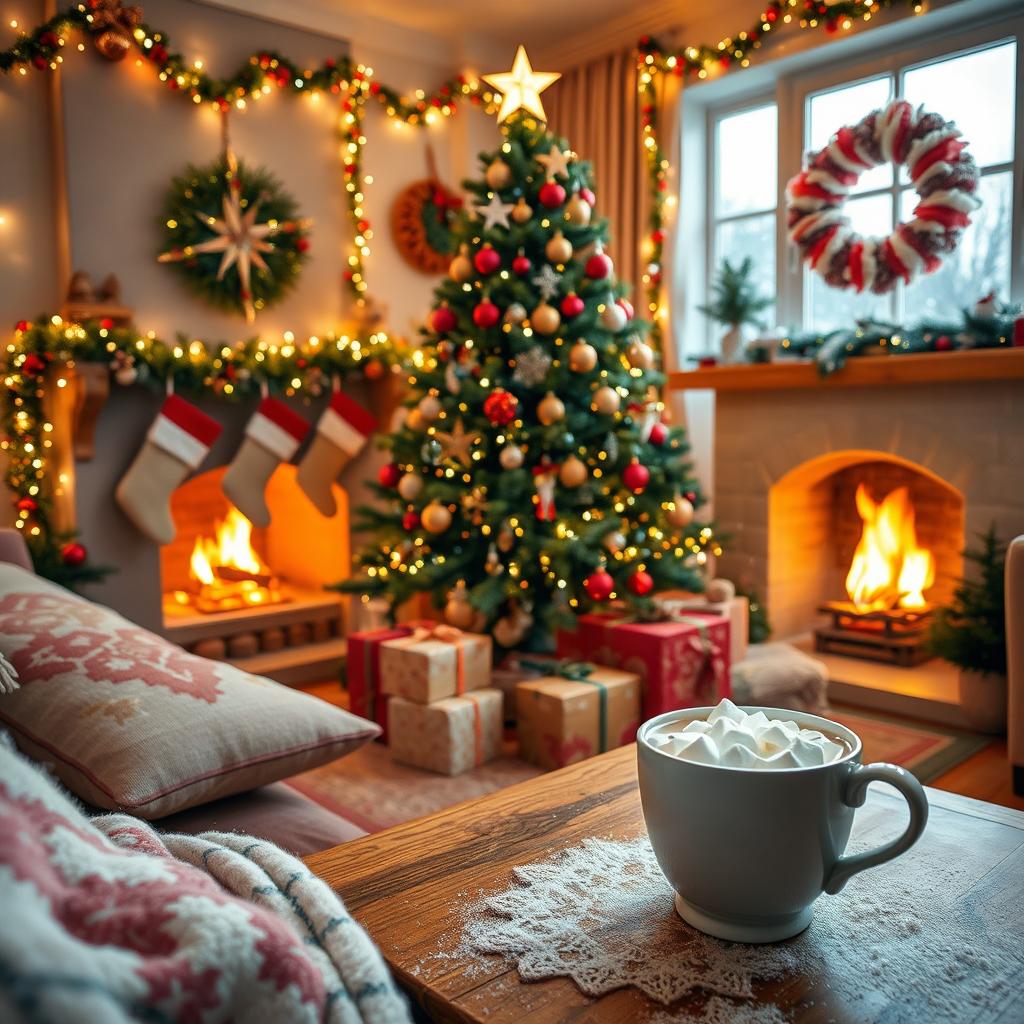 A beautifully decorated festive scene featuring a cozy living room during winter