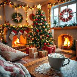 A beautifully decorated festive scene featuring a cozy living room during winter