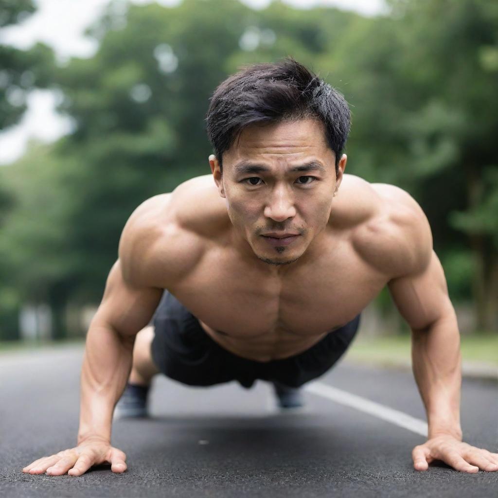 A slim Asian man energetically doing push-ups with focus and determination