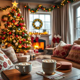A beautifully decorated festive scene featuring a cozy living room during winter