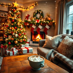 A beautifully decorated festive scene featuring a cozy living room during winter