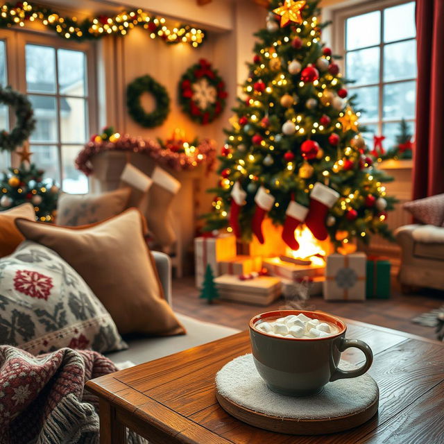 A beautifully decorated festive scene featuring a cozy living room during winter