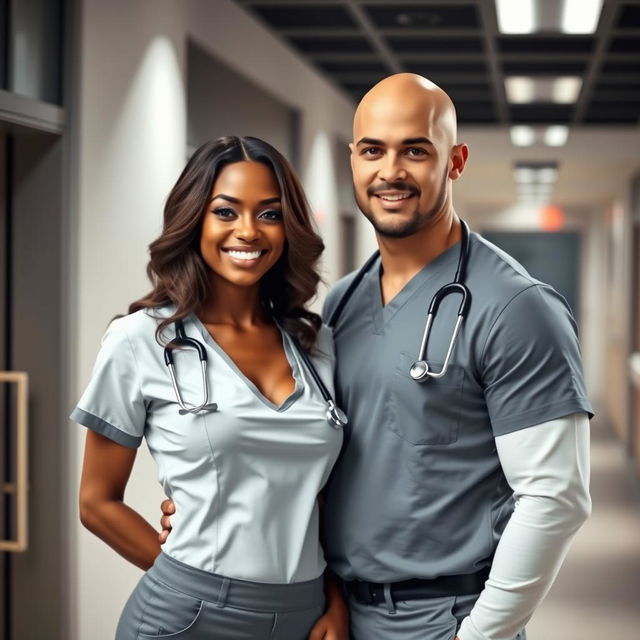 A sexy ebony nurse with an alluring smile, wearing a fitted nurse uniform that highlights her figure