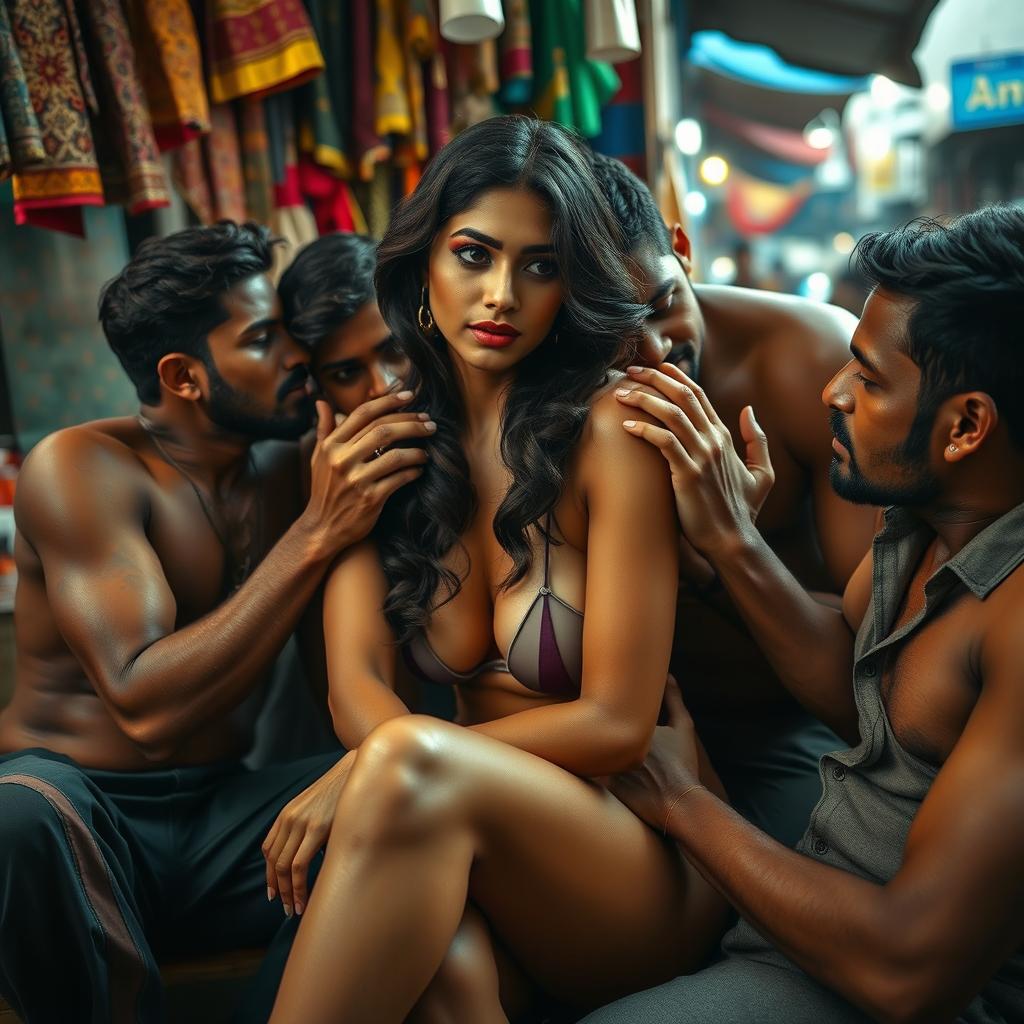 A sensual portrayal of a woman inspired by the essence of nushrath bharucha, depicted in an urban Indian slum setting