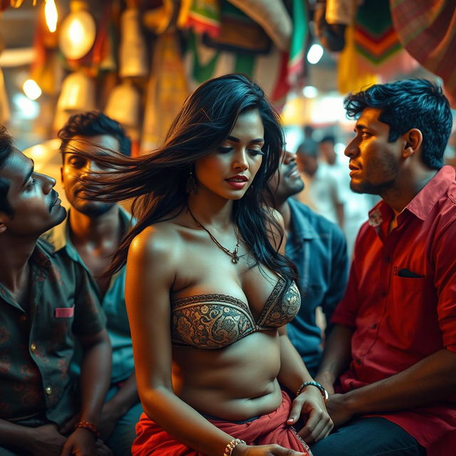 A sultry South Indian woman with flowing dark hair, resembling a sophisticated yet sensual character, sits in a vibrant roadside shop in a bustling slum