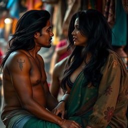 A sultry South Indian woman with flowing dark hair, resembling a sophisticated yet sensual character, sits in a vibrant roadside shop in a bustling slum