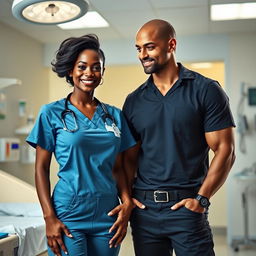 A sexy ebony nurse with a captivating smile, wearing a snug-fitting nurse uniform that highlights her figure