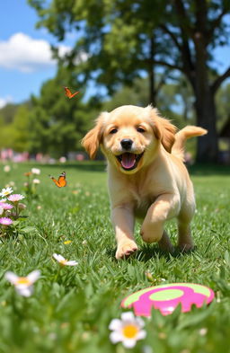 A playful golden retriever puppy with fluffy fur, bright eyes, and a wagging tail, running joyfully through a sunny park with green grass and blooming flowers