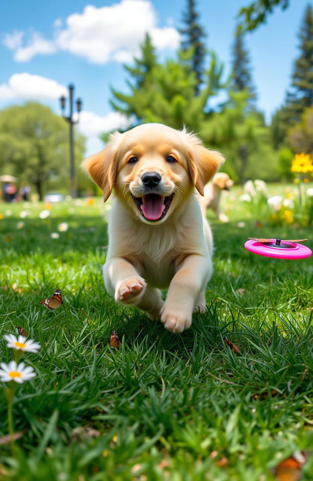 A playful golden retriever puppy with fluffy fur, bright eyes, and a wagging tail, running joyfully through a sunny park with green grass and blooming flowers