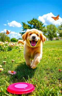 A playful golden retriever puppy with fluffy fur, bright eyes, and a wagging tail, running joyfully through a sunny park with green grass and blooming flowers