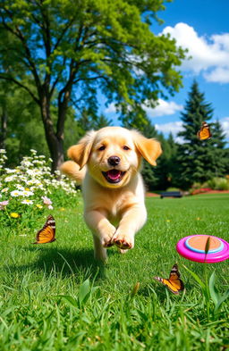 A playful golden retriever puppy with fluffy fur, bright eyes, and a wagging tail, running joyfully through a sunny park with green grass and blooming flowers