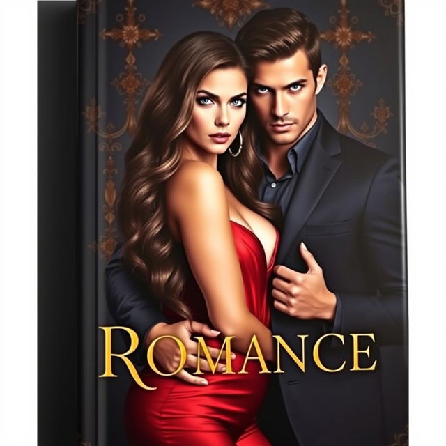 A stunning romance book cover featuring a dark background with elements of wealth and luxury, predominantly in shades of black and gold