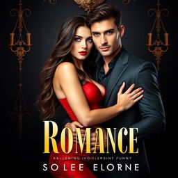 A stunning romance book cover featuring a dark background with elements of wealth and luxury, predominantly in shades of black and gold