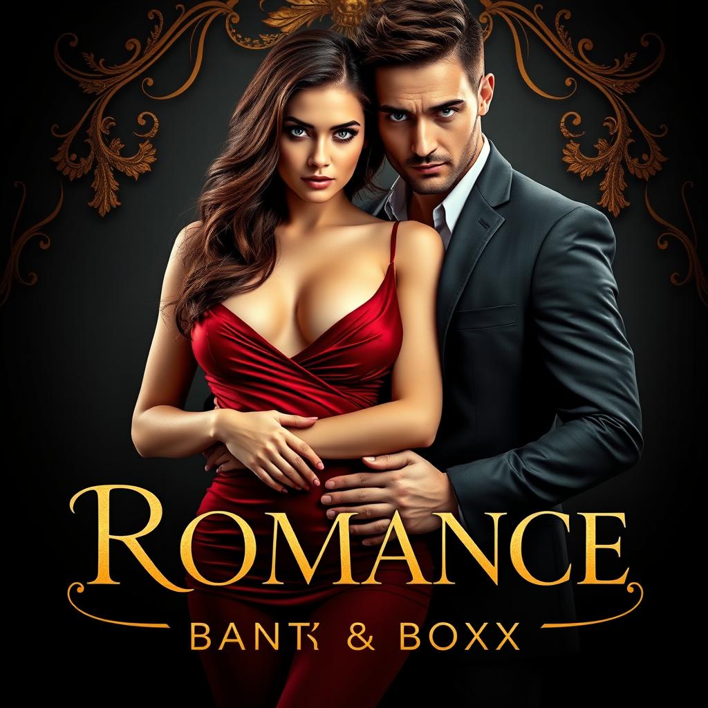 A stunning romance book cover featuring a dark background with elements of wealth and luxury, predominantly in shades of black and gold