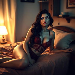 A sensual depiction of a richly dressed college girl, resembling Nushrat Bharucha, lying elegantly on a bed in a modest lodge