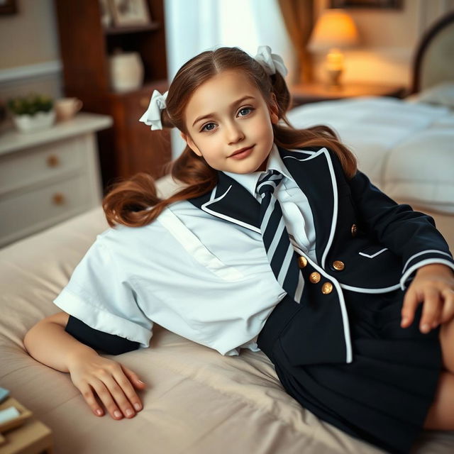 A portrait of a European girl in a cozy bedroom