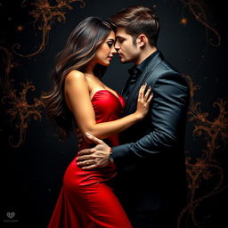 A mesmerizing romance book cover featuring a dark background enriched with traces of wealth and luxury, dominated by striking black and shiny gold tones