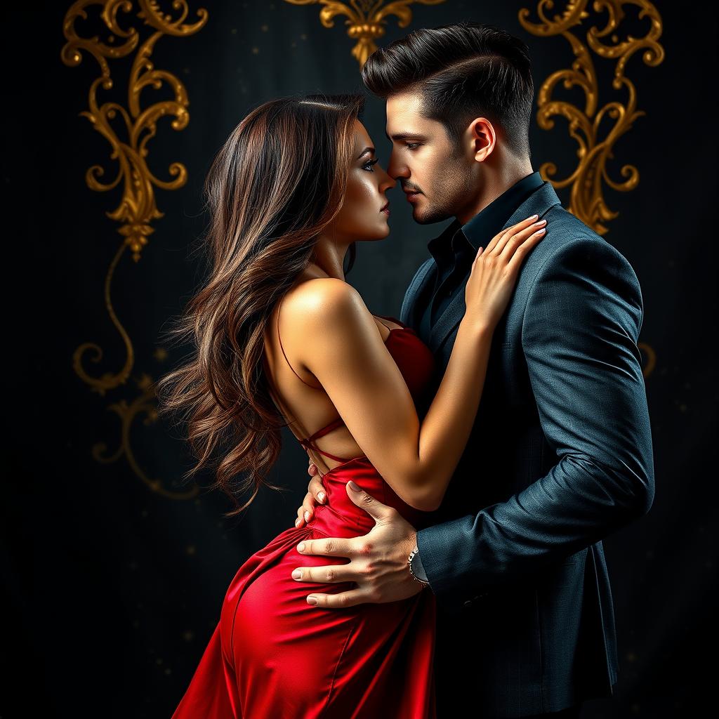 A mesmerizing romance book cover featuring a dark background enriched with traces of wealth and luxury, dominated by striking black and shiny gold tones