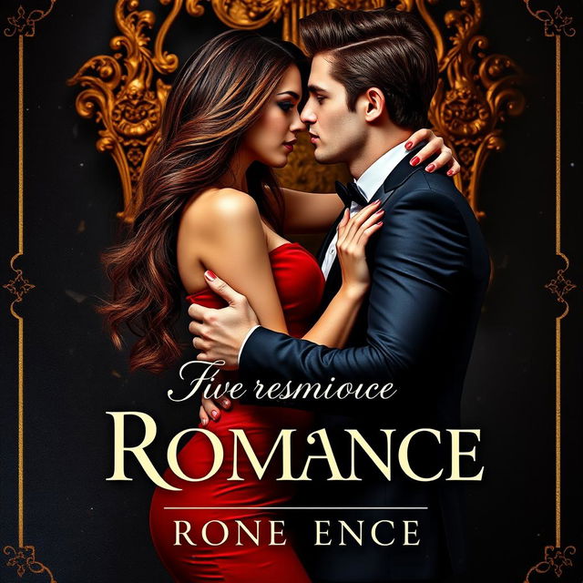 A mesmerizing romance book cover featuring a dark background enriched with traces of wealth and luxury, dominated by striking black and shiny gold tones