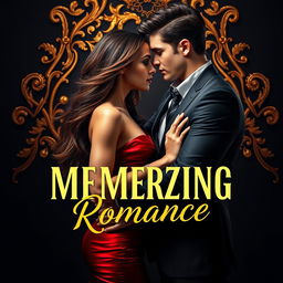 A mesmerizing romance book cover featuring a dark background enriched with traces of wealth and luxury, dominated by striking black and shiny gold tones