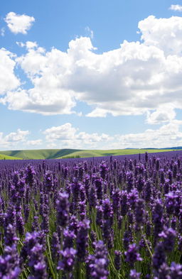 A serene and picturesque scene featuring a vast field of blooming lavender flowers, under a bright blue sky scattered with fluffy white clouds