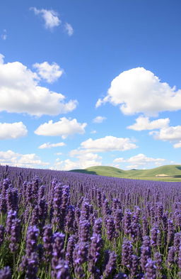 A serene and picturesque scene featuring a vast field of blooming lavender flowers, under a bright blue sky scattered with fluffy white clouds