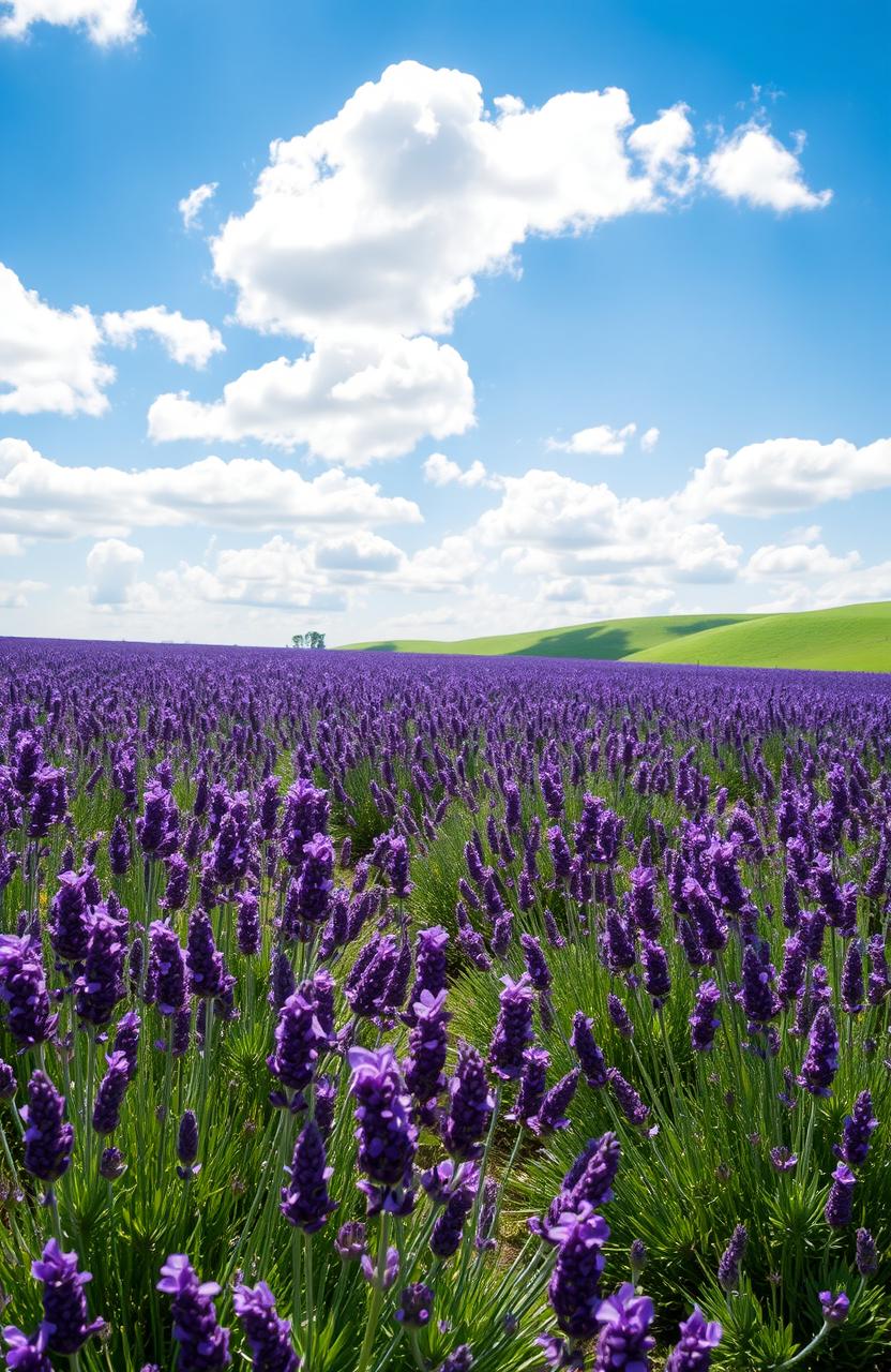 A serene and picturesque scene featuring a vast field of blooming lavender flowers, under a bright blue sky scattered with fluffy white clouds