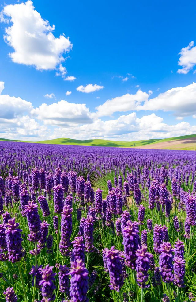 A serene and picturesque scene featuring a vast field of blooming lavender flowers, under a bright blue sky scattered with fluffy white clouds