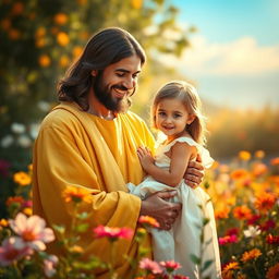 A scene depicting Jesus wearing a yellow and white robe, gently holding a little girl in a white dress