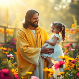 A scene depicting Jesus wearing a yellow and white robe, gently holding a little girl in a white dress