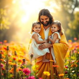 A scene depicting Jesus wearing a yellow and white robe, gently holding a little girl in a white dress