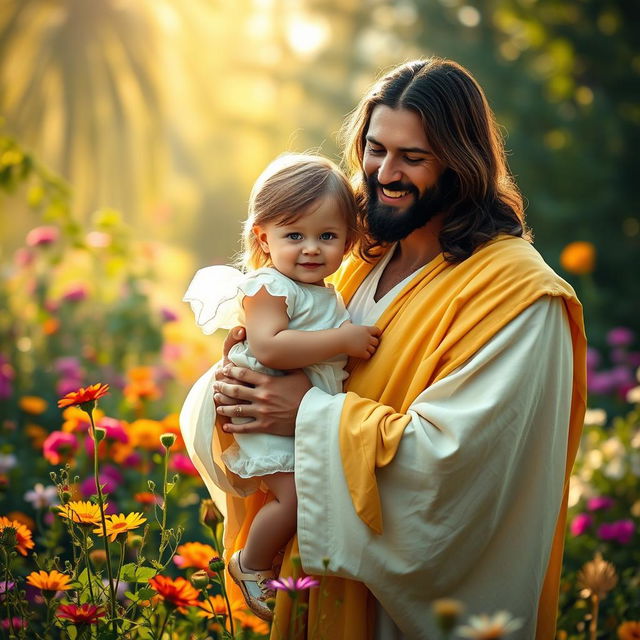 A scene depicting Jesus wearing a yellow and white robe, gently holding a little girl in a white dress