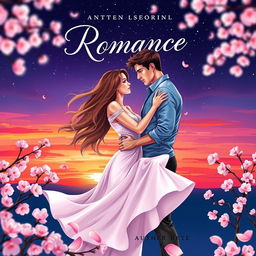 A captivating romance book cover illustration featuring a beautiful couple entwined in a passionate embrace