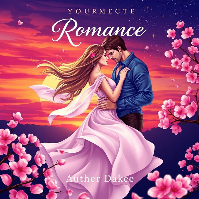 A captivating romance book cover illustration featuring a beautiful couple entwined in a passionate embrace