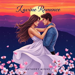 A captivating romance book cover illustration featuring a beautiful couple entwined in a passionate embrace
