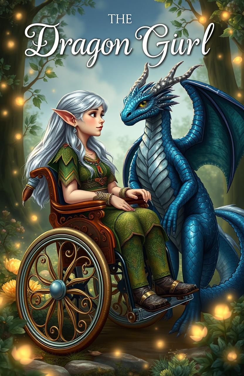 A book cover design for a fantasy novel featuring a wheelchair-bound elf girl and a dragon girl