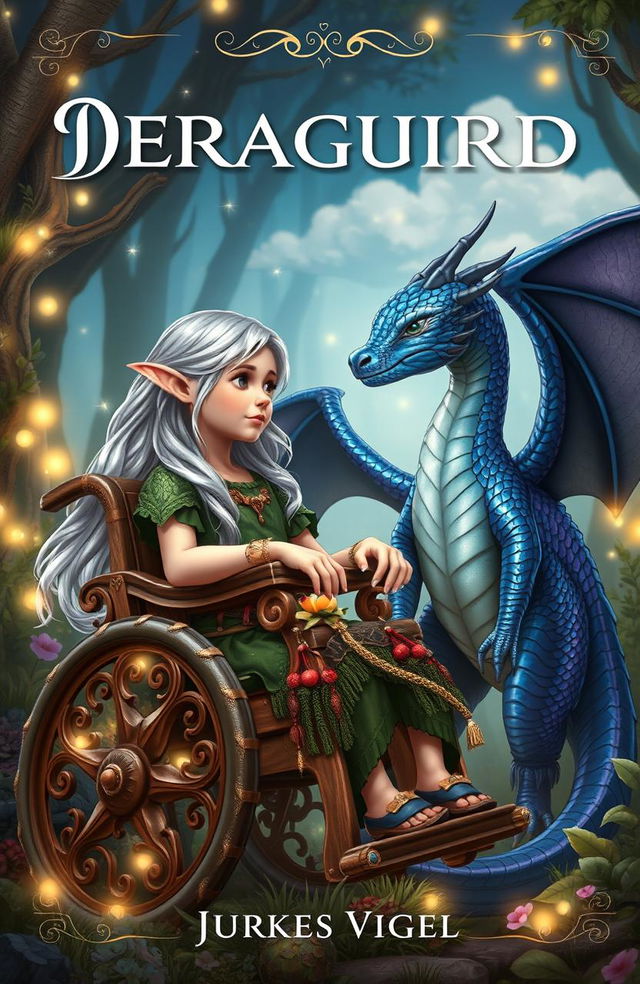 A book cover design for a fantasy novel featuring a wheelchair-bound elf girl and a dragon girl