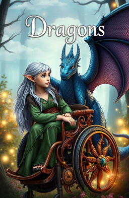 A book cover design for a fantasy novel featuring a wheelchair-bound elf girl and a dragon girl