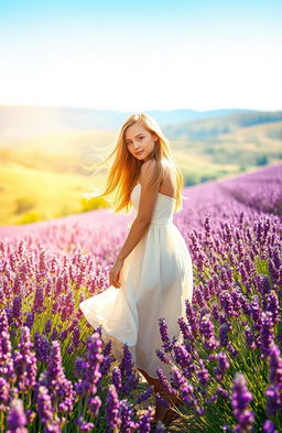 A serene scene depicting a beautiful woman standing gracefully among blooming lavender flowers in full bloom