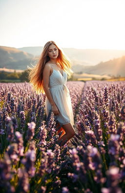A serene scene depicting a beautiful woman standing gracefully among blooming lavender flowers in full bloom